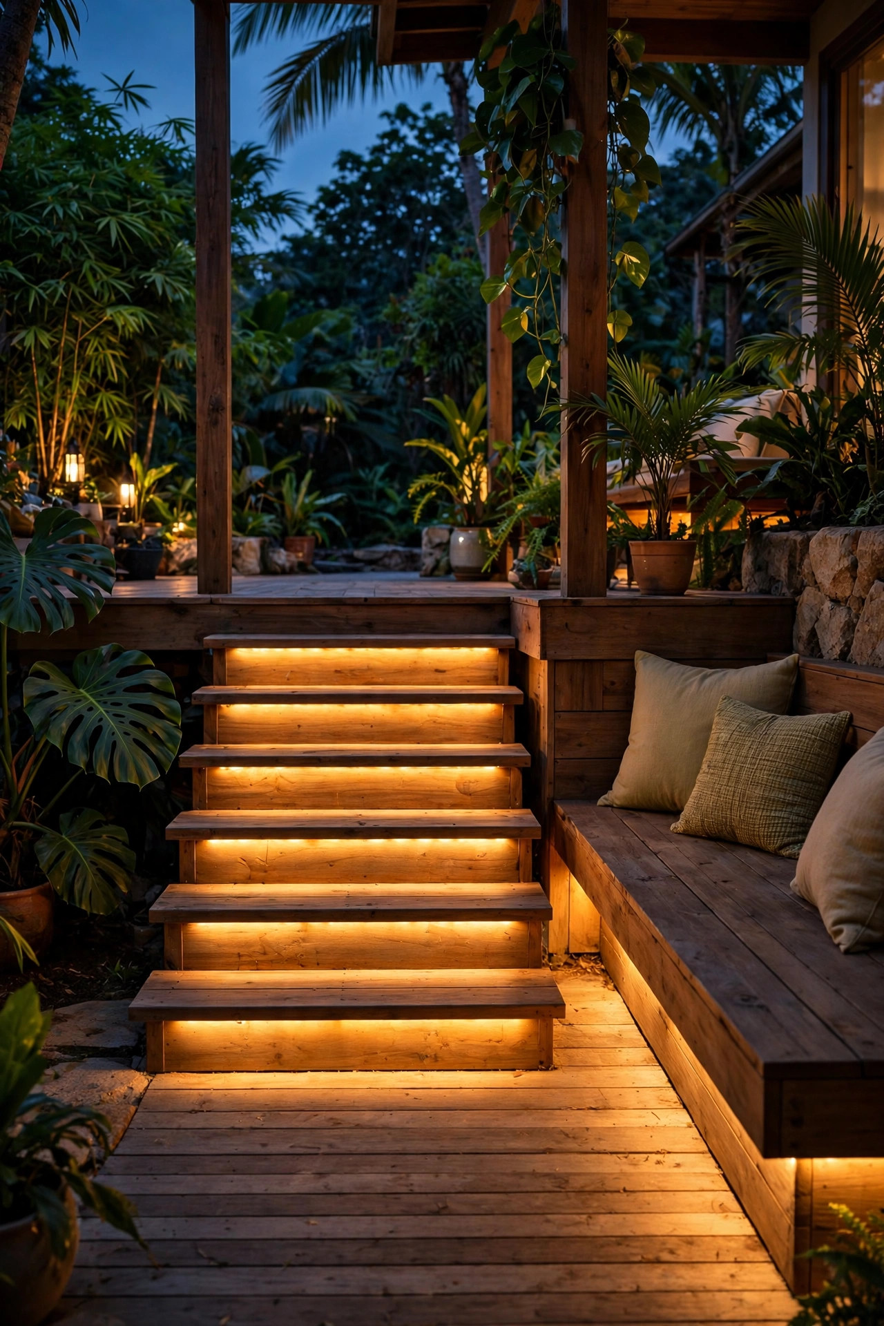 Warm LED strip lighting glowing under deck steps and a built-in bench on a tropical patio at night