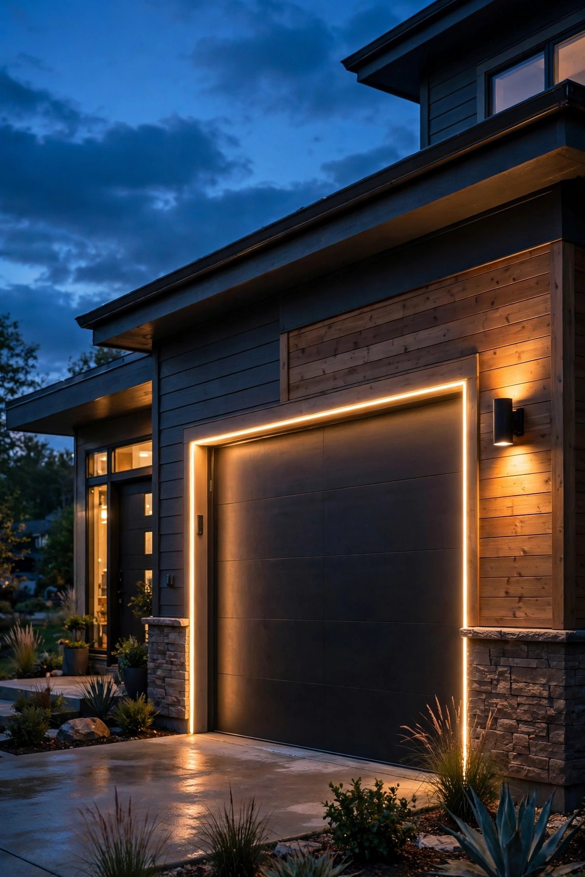 Warm LED strip lighting hidden along garage door trim outlining the opening with a soft halo glow