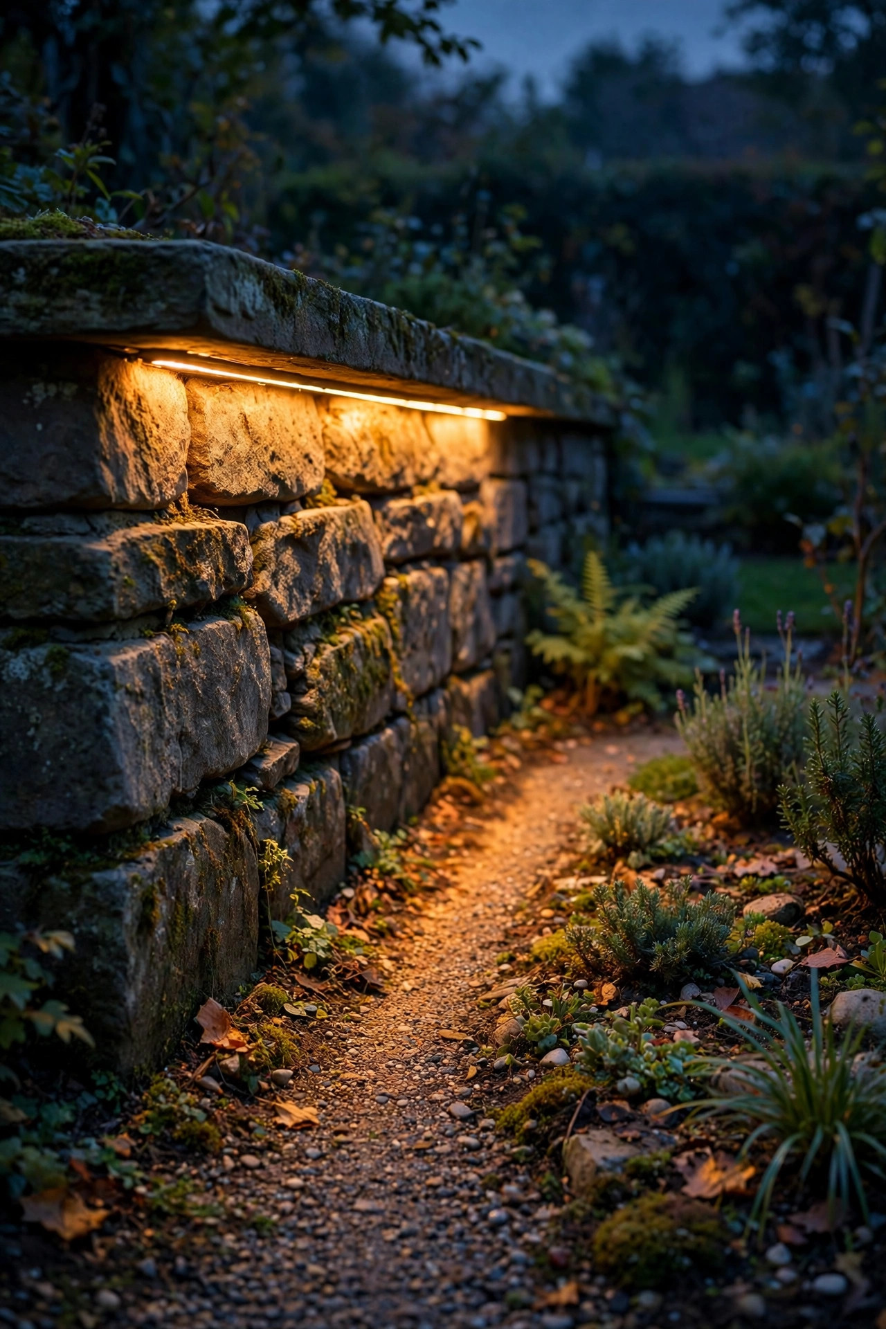 Warm LED strip hidden under the cap of a low stone wall washing light across a garden path edge at night