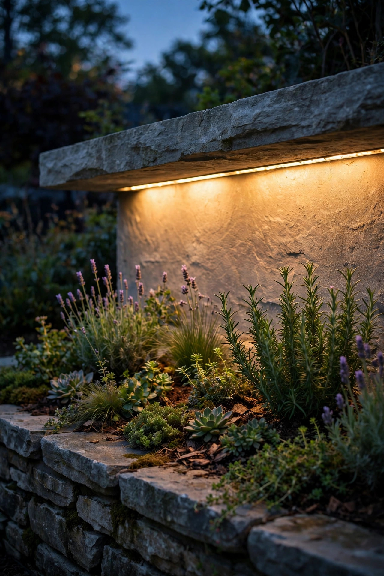 Hidden LED strip under a retaining wall cap washing warm light down onto a raised flower bed