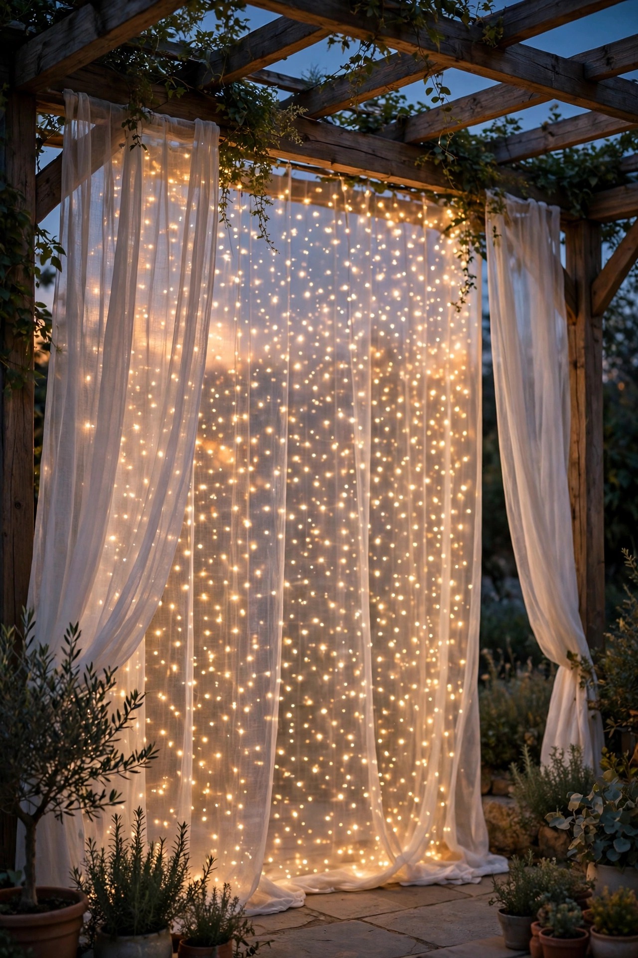 LED light curtain shimmering softly behind sheer pergola drapes like a starfield