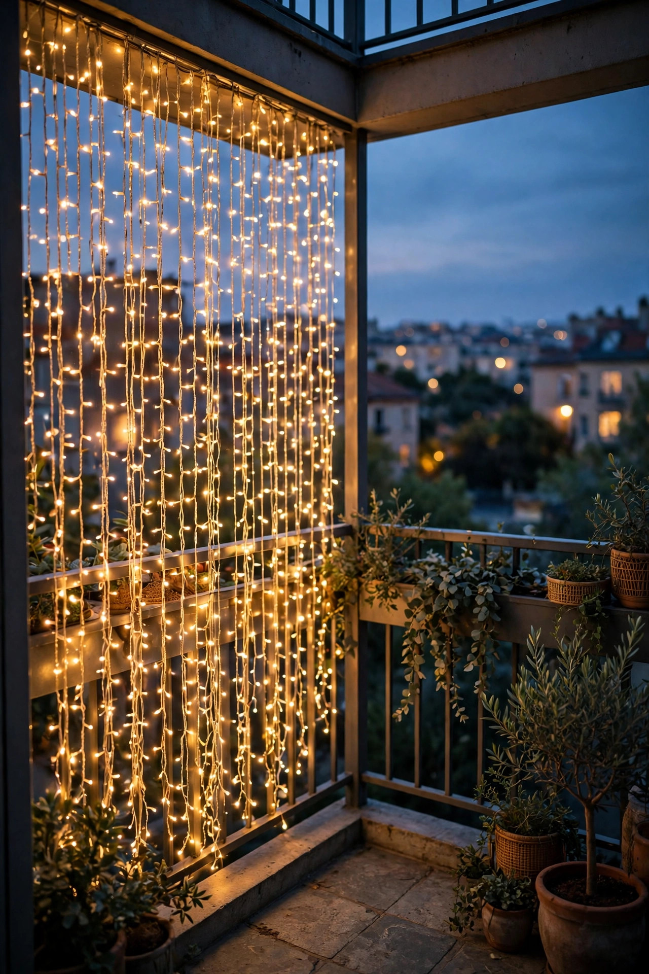Curtain of warm string lights draped down one side of a corner balcony, creating a glowing privacy screen at dusk