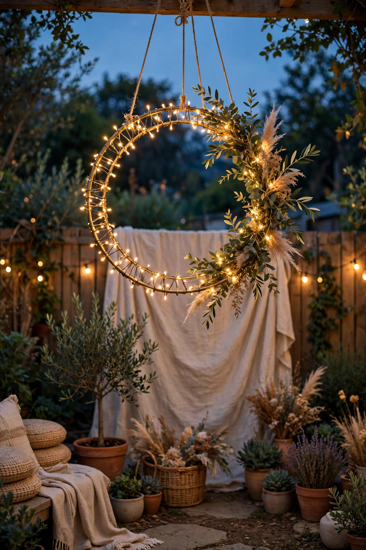 Metal hoop wrapped in warm fairy lights hanging like a chandelier above a backyard photo spot