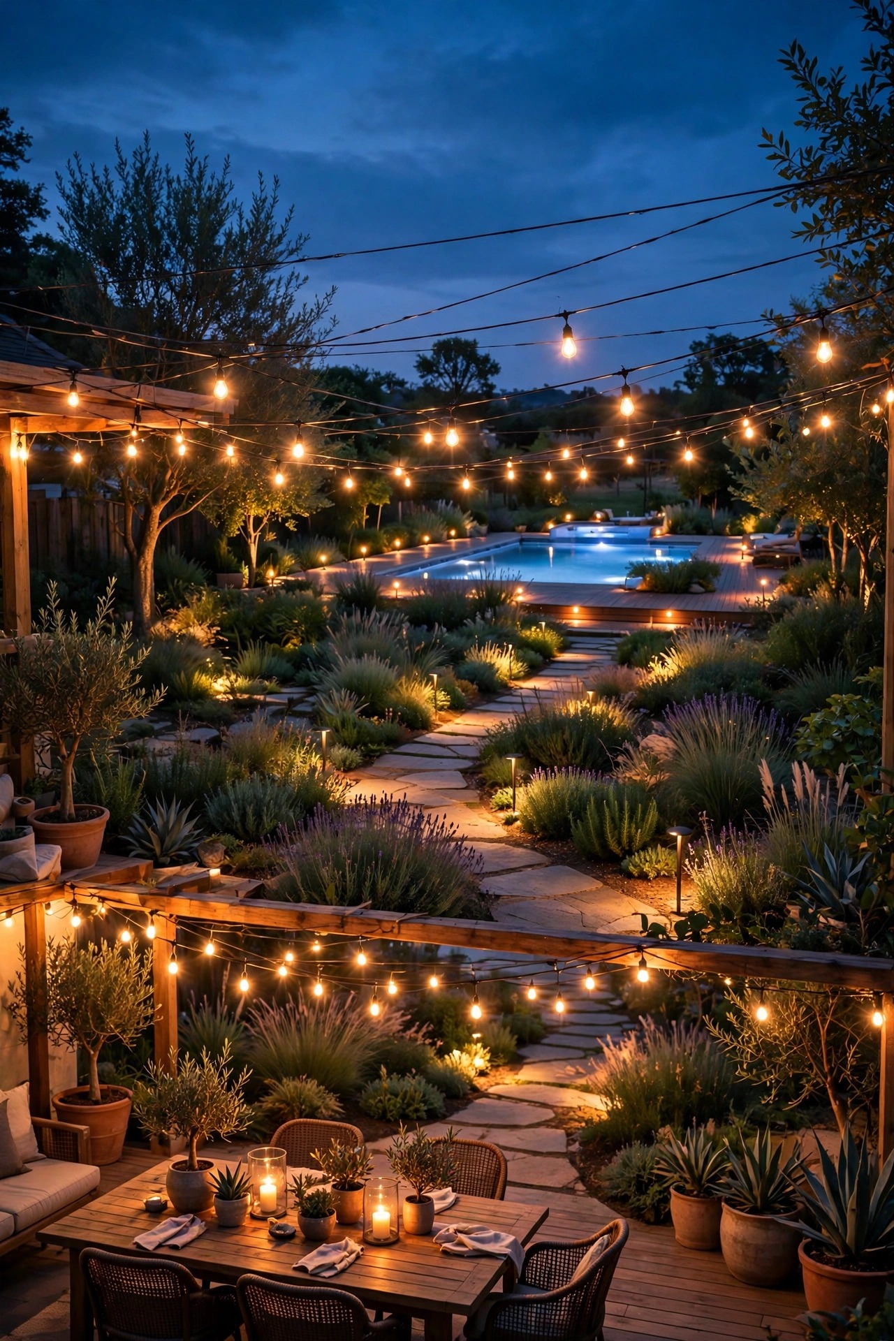Backyard divided into separately controlled smart lighting zones across patio, garden and pool deck