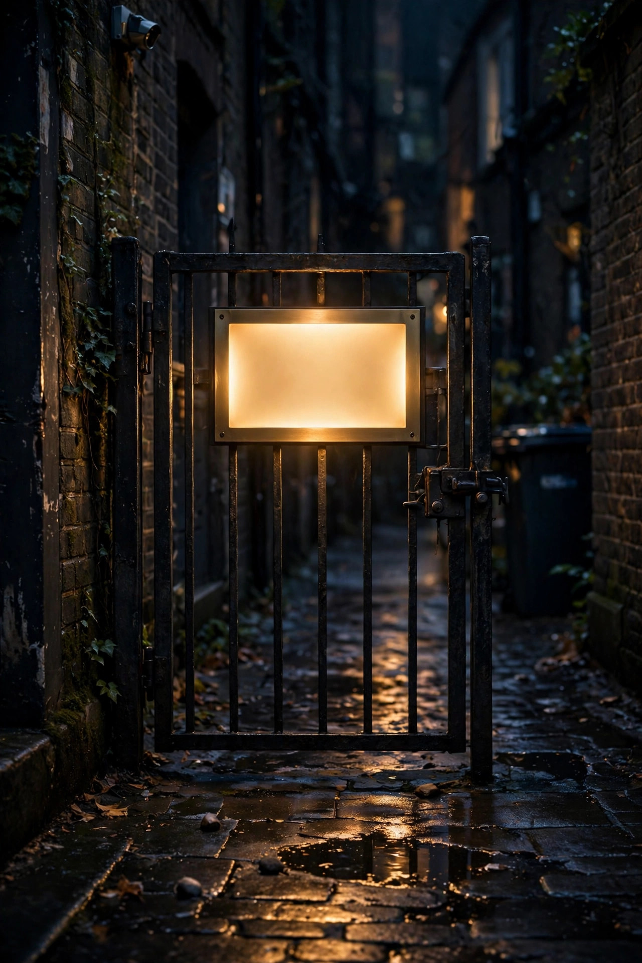 Illuminated house number plaque glowing warmly on a rear gate in an urban alley at night