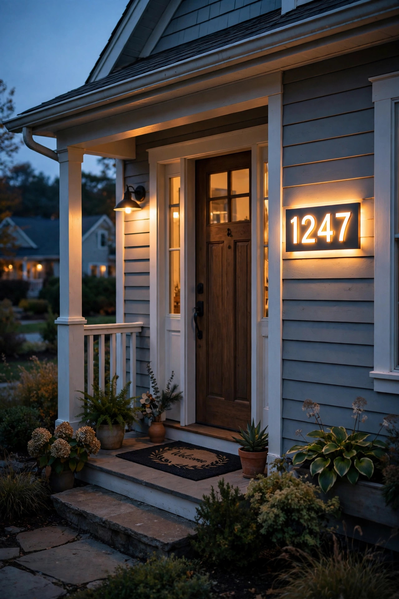 Backlit house numbers glowing warmly beside the front door of a small porch at dusk