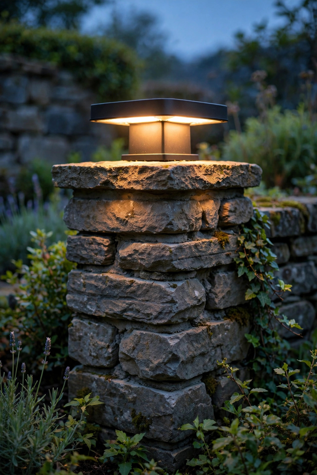 Low profile cap light on a short garden wall pillar at dusk