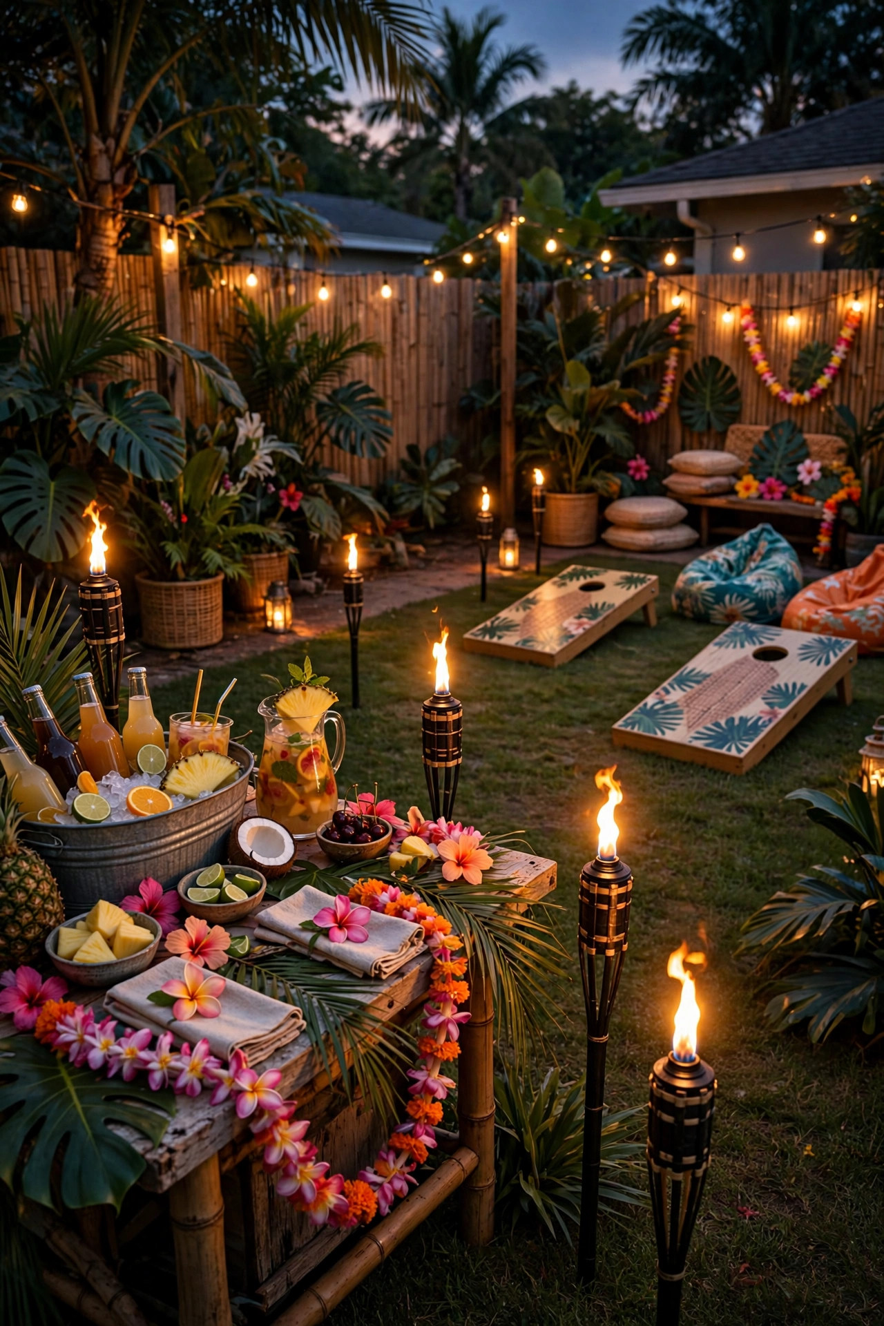 Backyard party scene at dusk with solar tiki torches marking a drink station and lawn game area