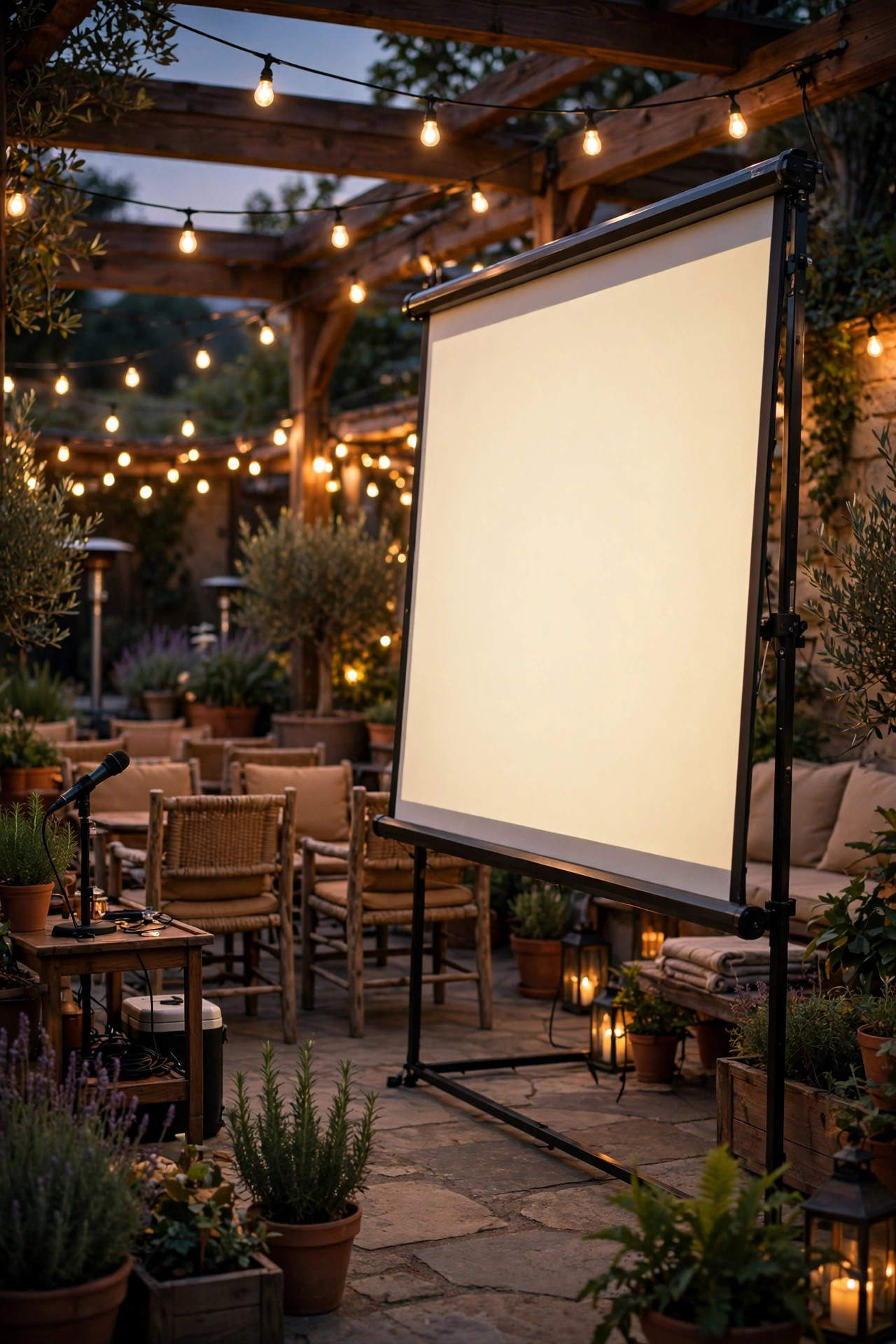 Outdoor lyric screen on a patio angled to avoid reflections, with dimmed string lights behind the audience