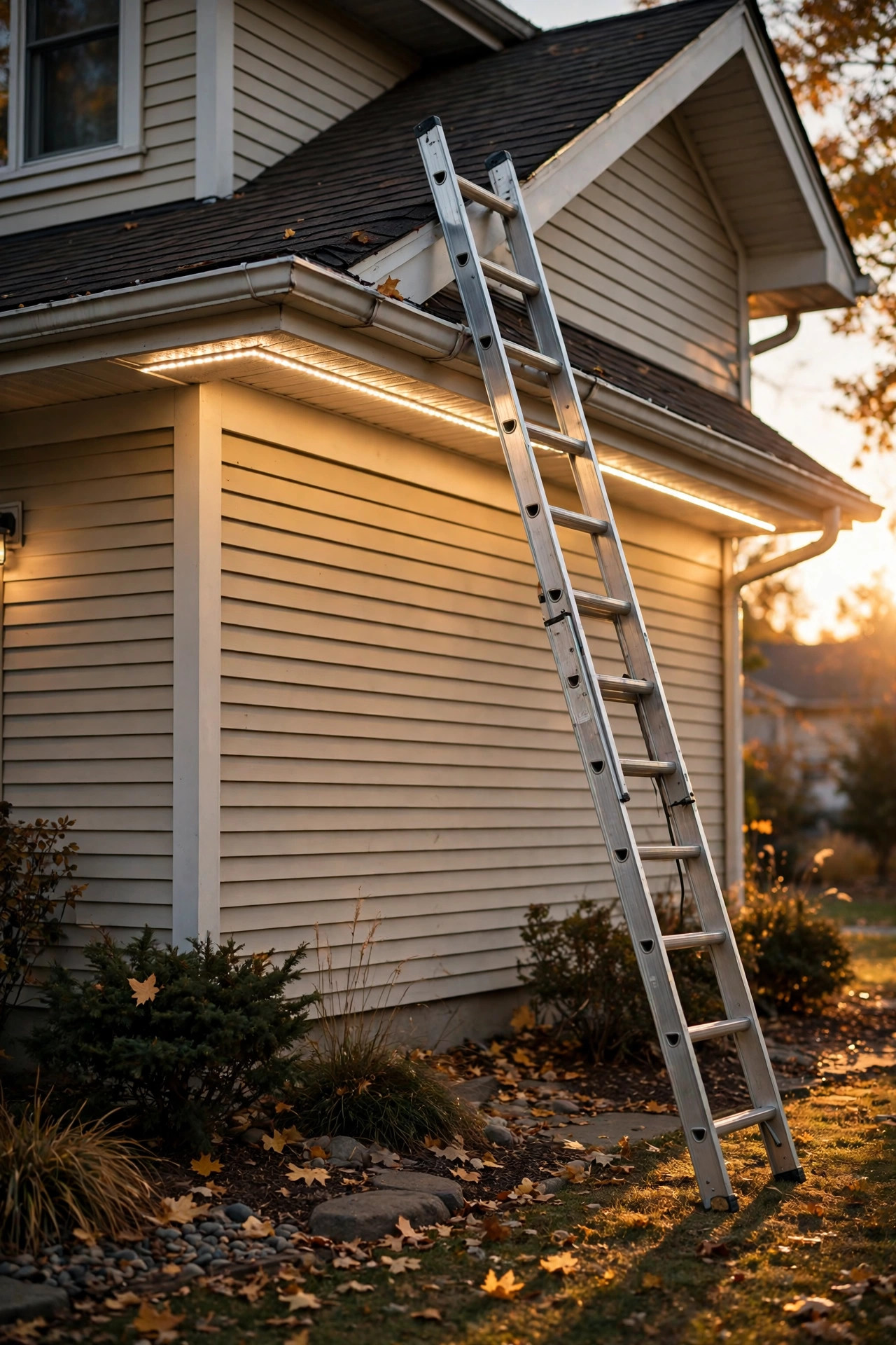 Ladder leaning against a house gutter at golden hour with neatly installed LED channel lights visible under the eave, ready for seasonal inspection