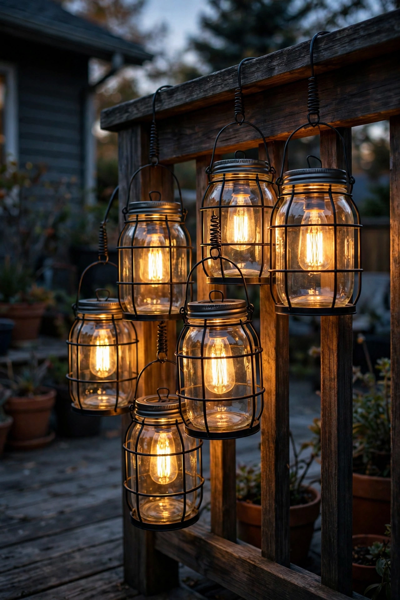 Mason jar lanterns in black metal cages clustered at varying heights on a deck railing