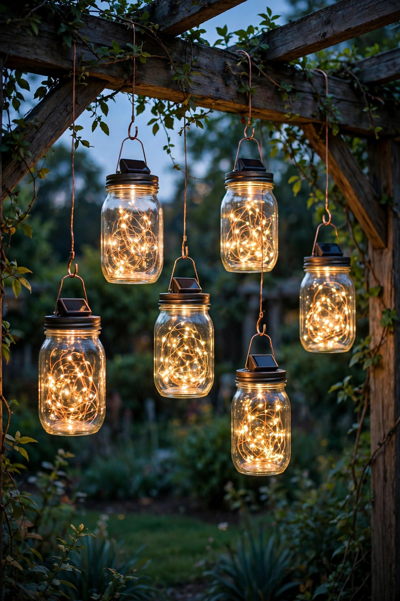 Solar mason jar lights with copper fairy lights inside hanging from pergola hooks at dusk