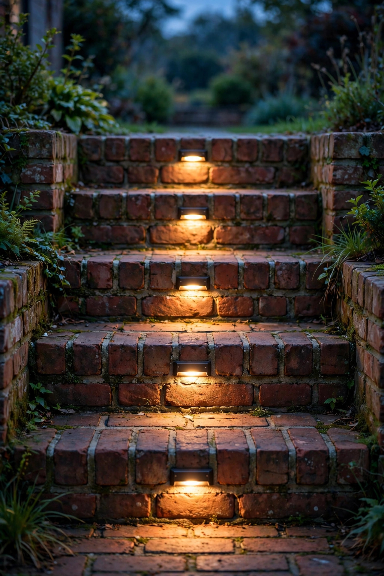 Surface step lights anchored into mortar joints of brick steps, glowing warmly at dusk