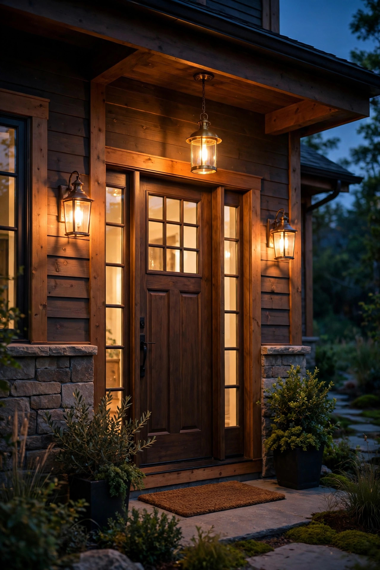 Front entry with sconces, pendant and sidelights all glowing the same warm 2700K color