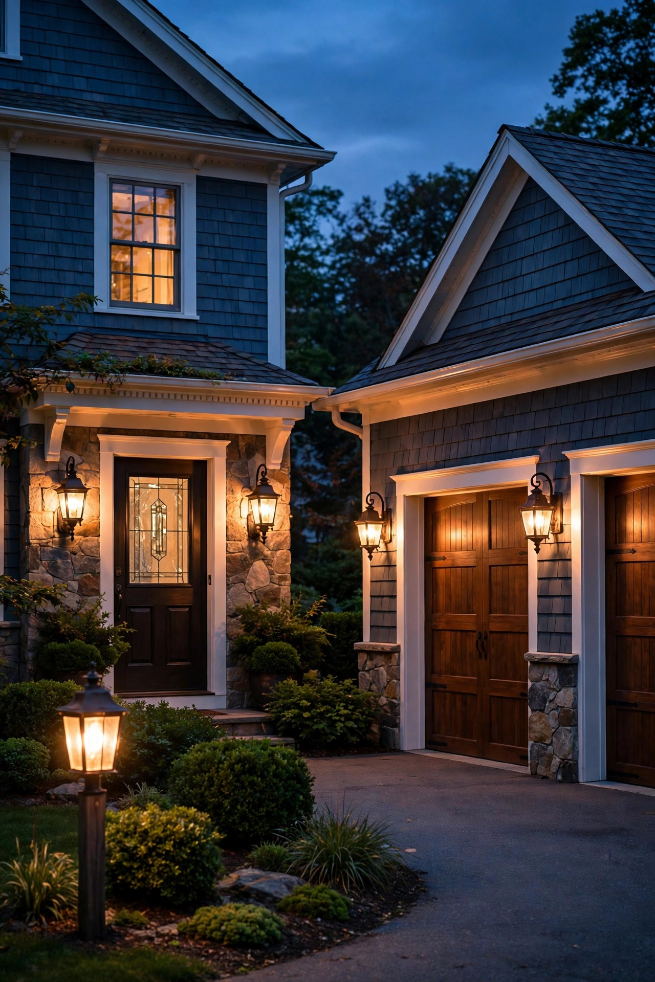 Matching coach lanterns at the front door, garage carriage lights, and a post lantern glowing together on a classic home at dusk
