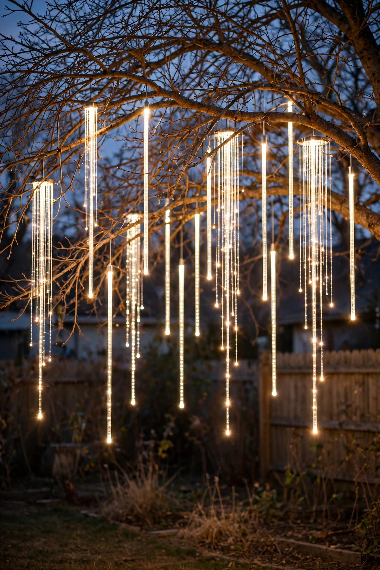 Meteor shower light tubes hanging from bare backyard tree branches with cascading white light