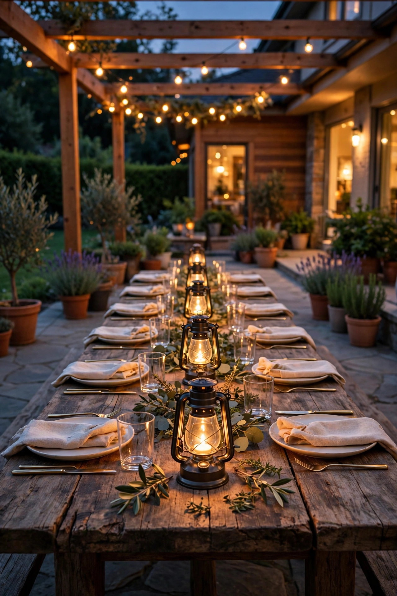 Mini hurricane lanterns with LED tealights glowing at every place setting along an outdoor table