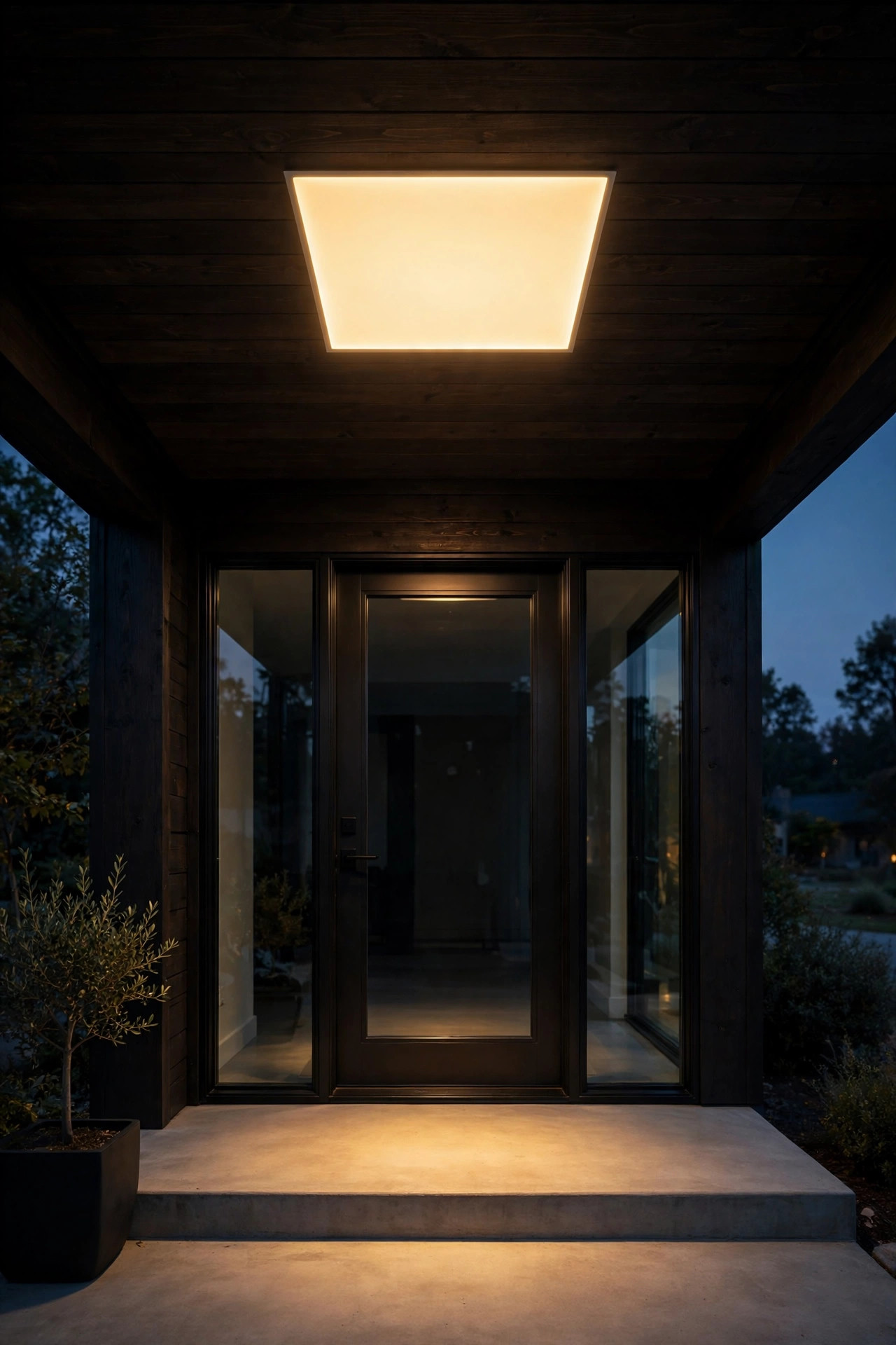 Minimalist LED flush panel porch ceiling light on modern home entry
