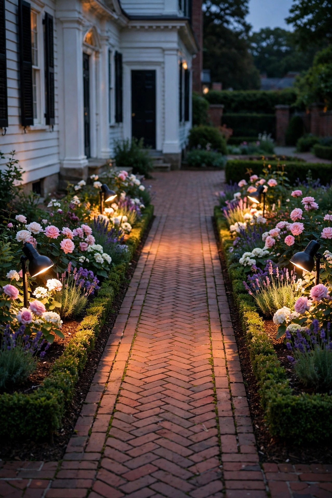 Two matching flower beds facing each other across a brick walk, each lit with identical spotlights in a formal colonial garden at dusk