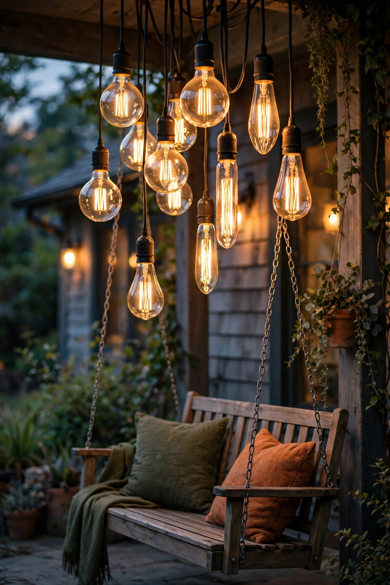 Cluster of mixed-shape vintage filament bulbs — globe, tube and teardrop — hanging at staggered heights over a porch swing
