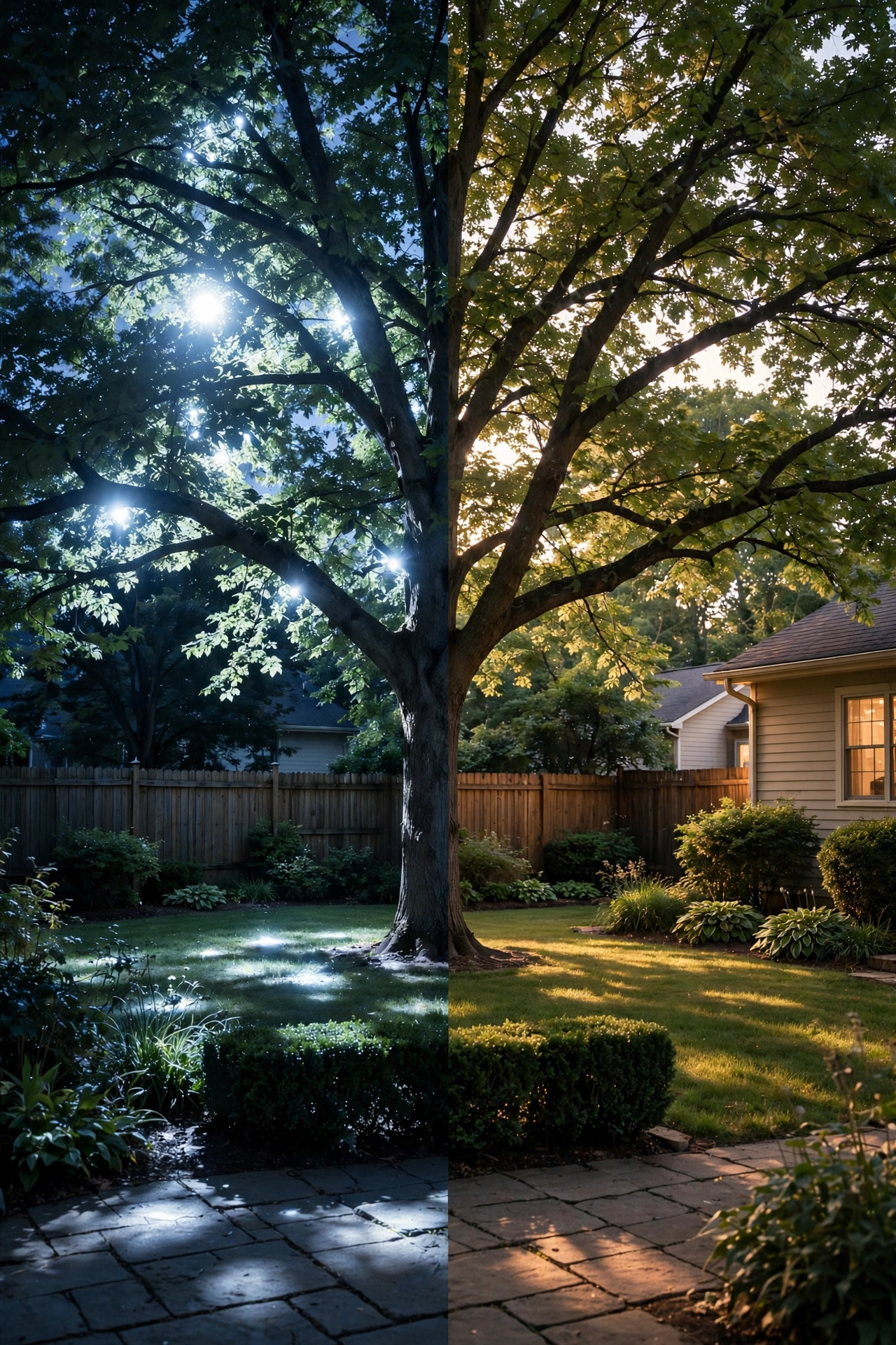 Split comparison showing a common moonlighting mistake with harsh bright spots versus a correctly installed soft dappled canopy glow