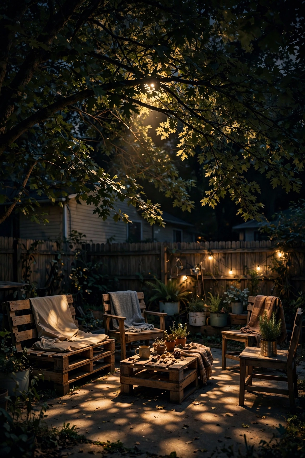 Dappled warm light shining down through tree branches onto a patio seating area