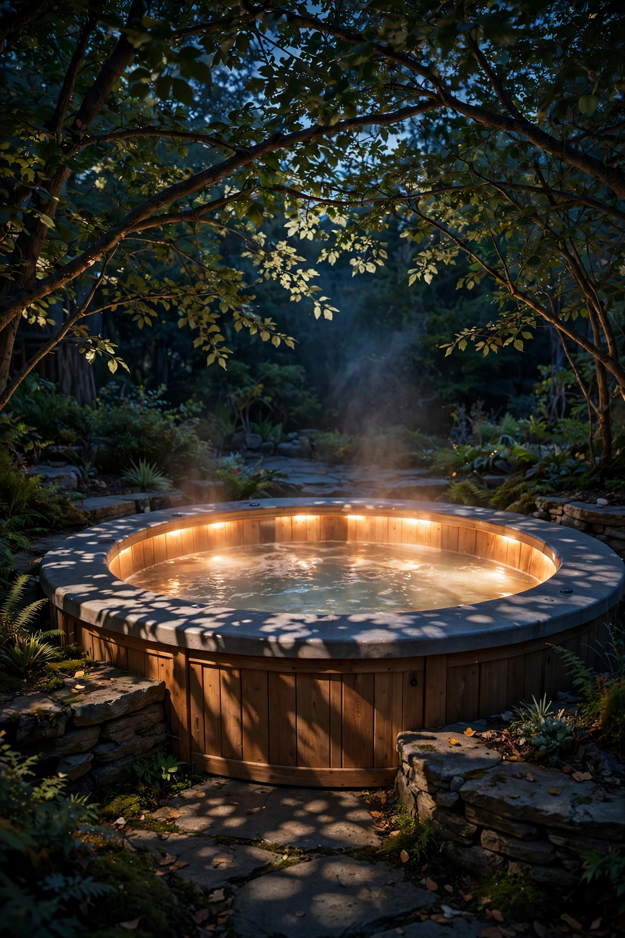 Soft dappled light falling through tree branches onto a hot tub at night, mimicking moonlight with gentle leaf shadows