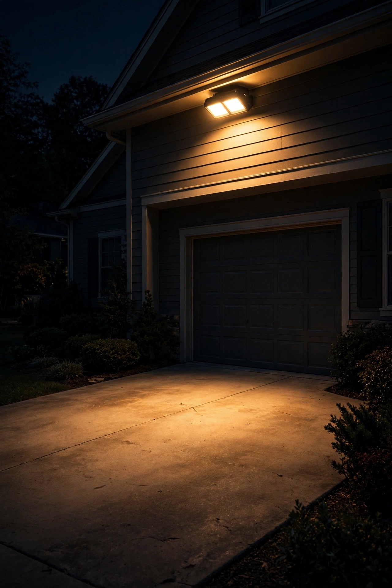 Motion activated driveway floodlight glowing warmly over a quiet suburban driveway at night