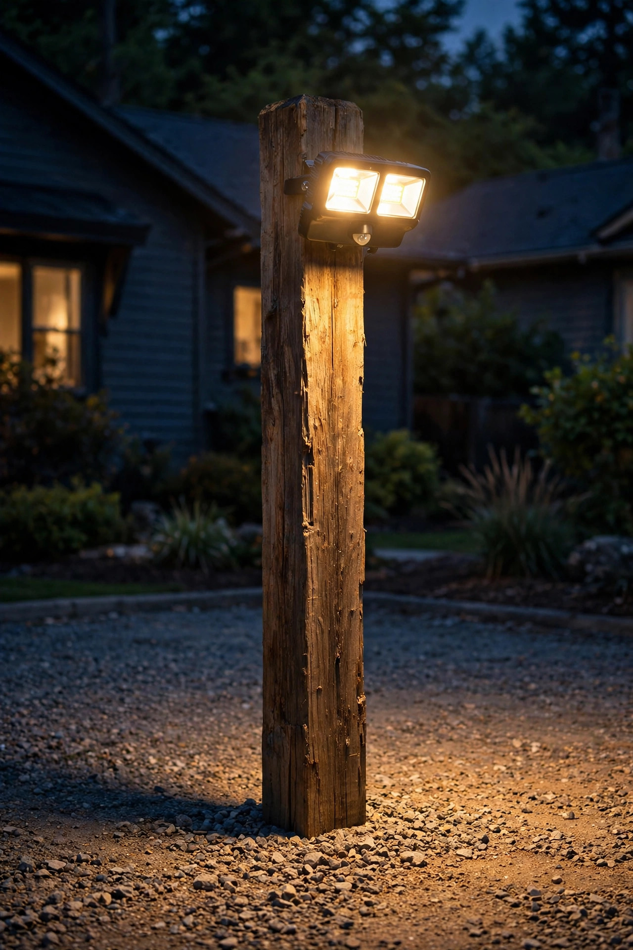 Motion-sensor floodlight on a sturdy wooden post lighting up a gravel parking apron at night
