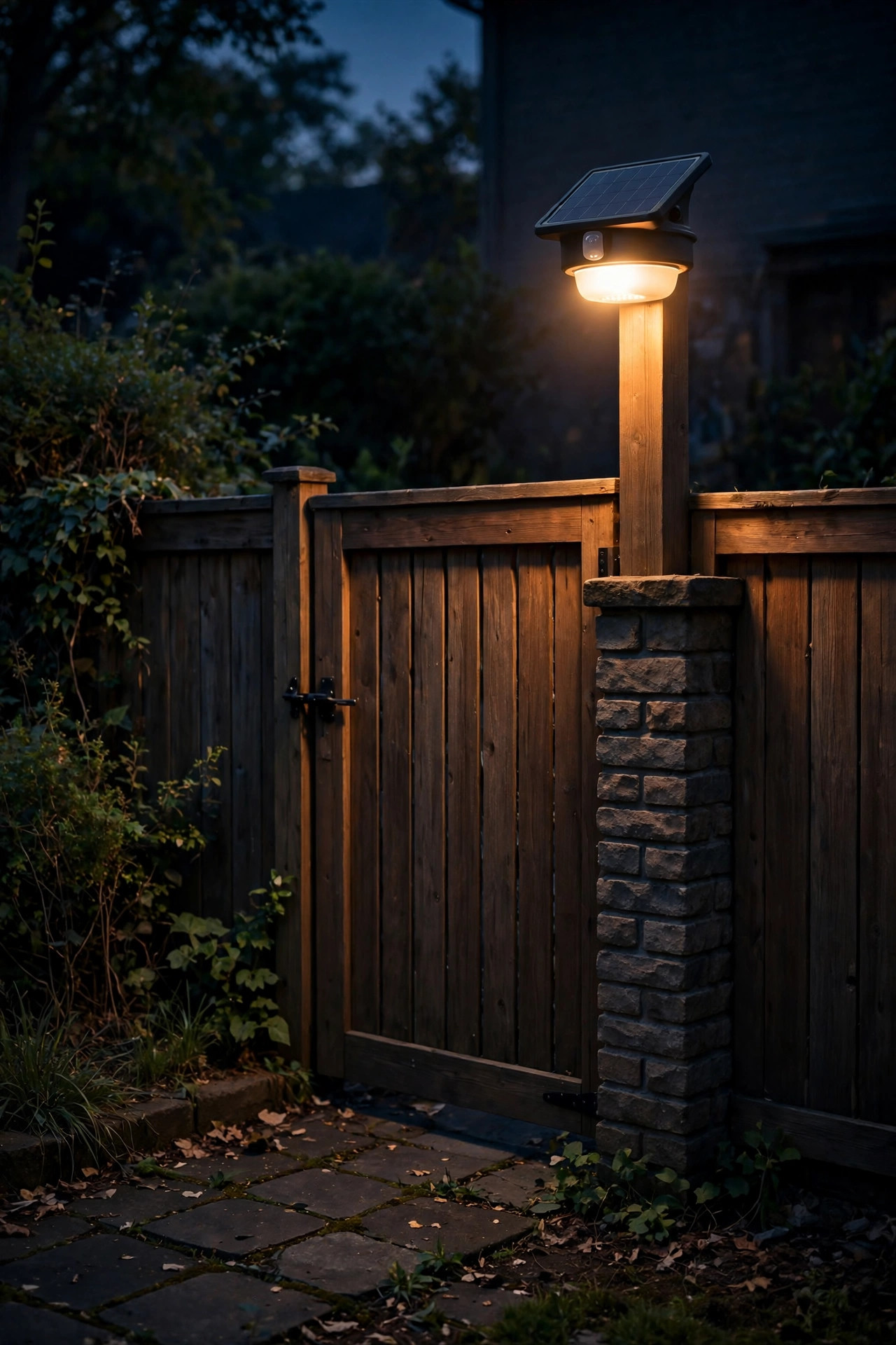 Motion sensor solar post light glowing above a side yard gate at night
