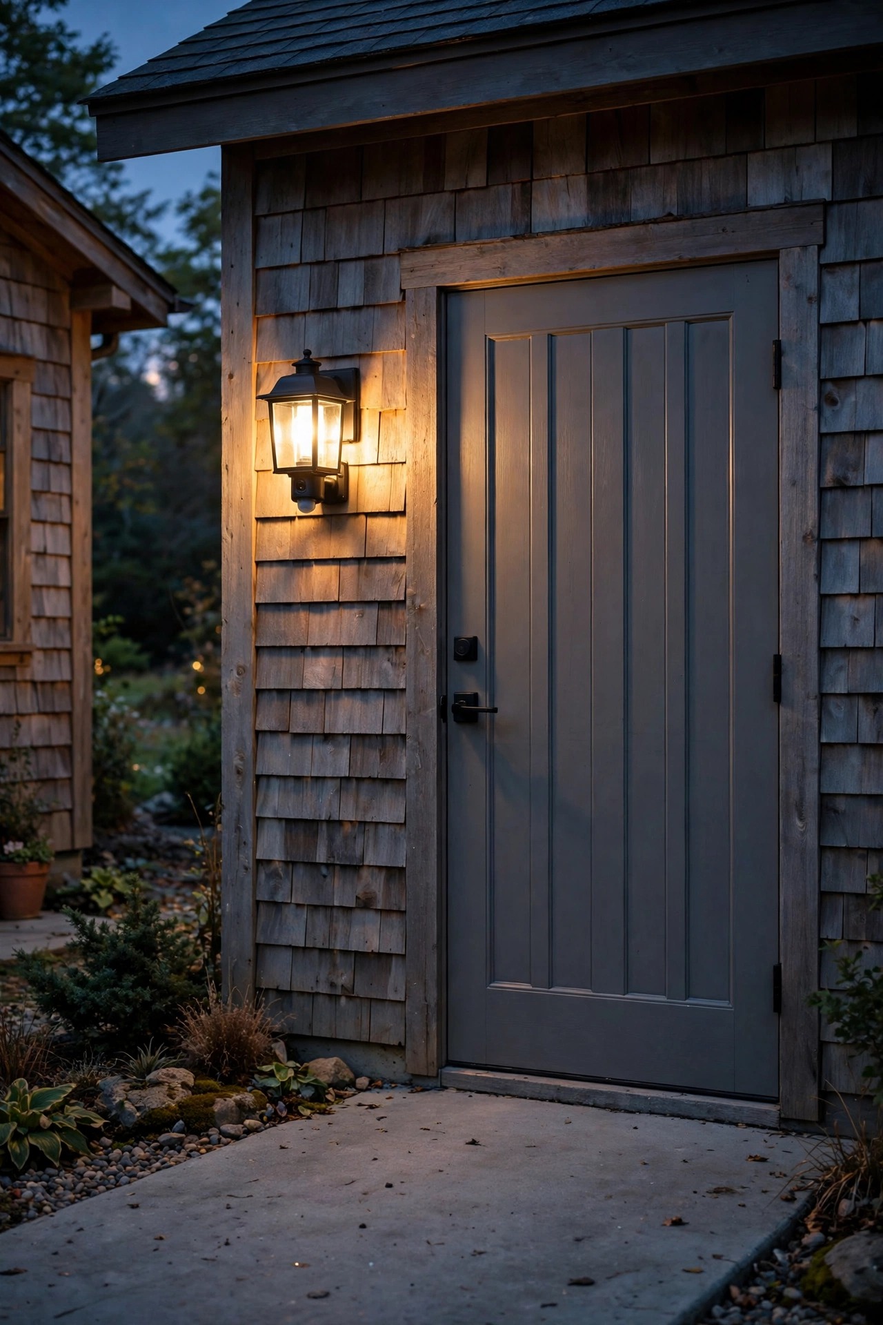 Farmhouse style motion sensor lantern glowing beside a garage side door over a parking pad