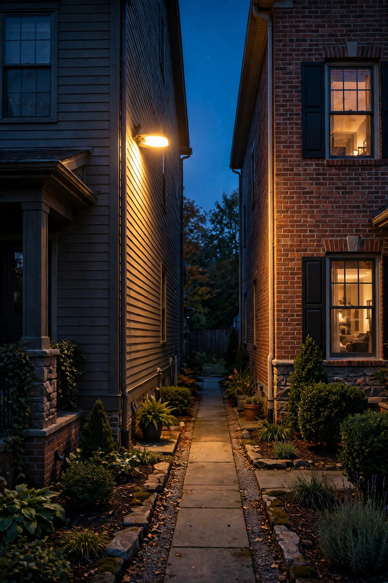Motion-sensor light glowing above a shared side walkway between two townhomes at night