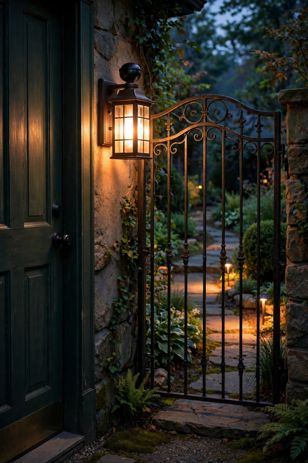 Motion-sensor craftsman sconce glowing beside a side door and garden gate, path lit warmly in the evening