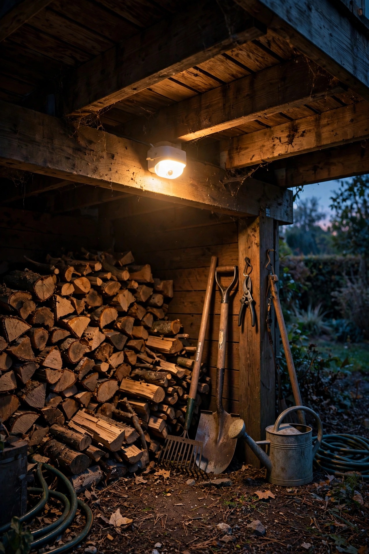 Motion sensor light brightening a storage corner under a deck with stacked firewood and garden tools
