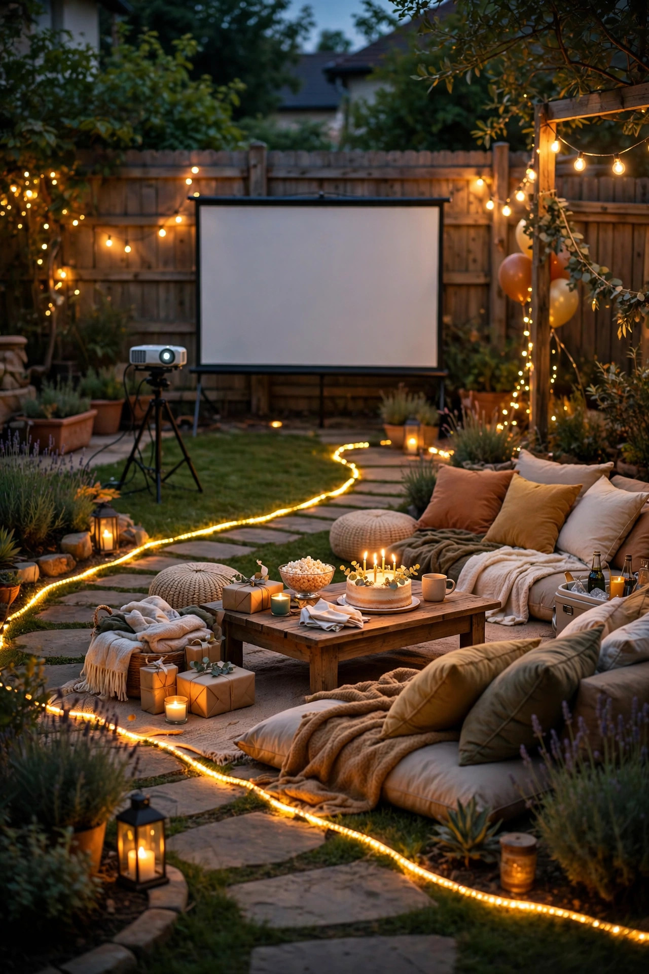 Backyard movie night birthday with a projector screen, low ground-level rope light path and dim warm seating area lighting
