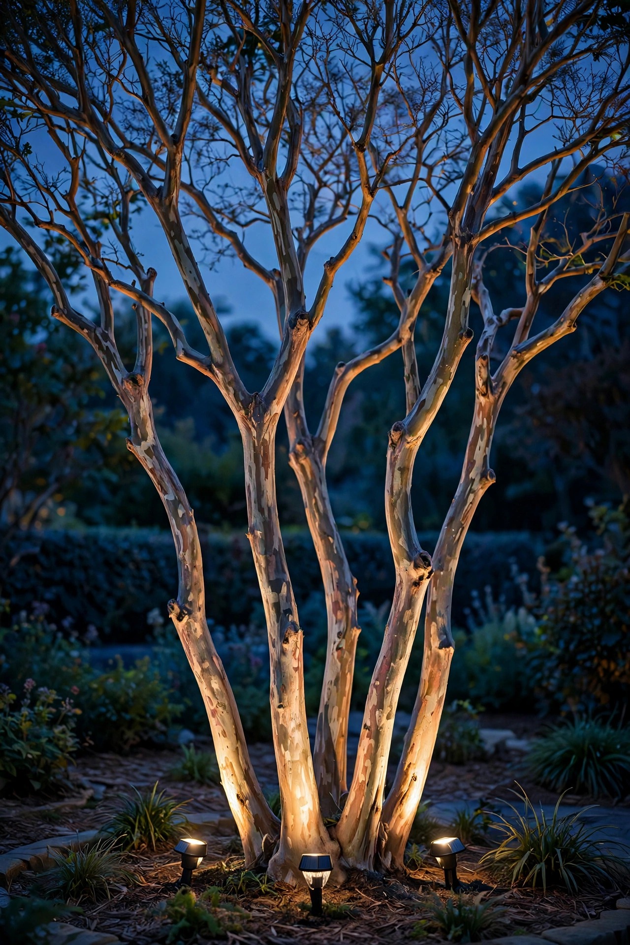 Multi-trunk crepe myrtle with each smooth trunk uplit by its own small solar spotlight, sculptural branches glowing at dusk
