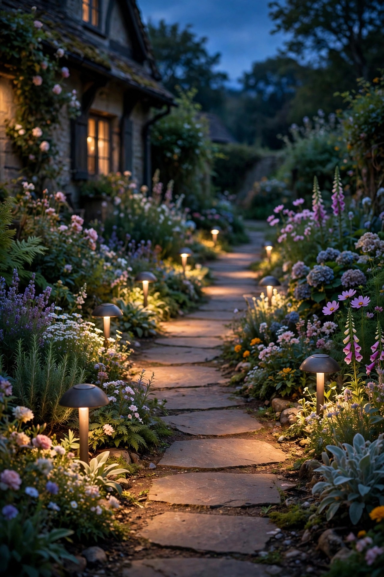 Mushroom-style path lights casting soft downward pools of warm light along a cottage garden walk at dusk