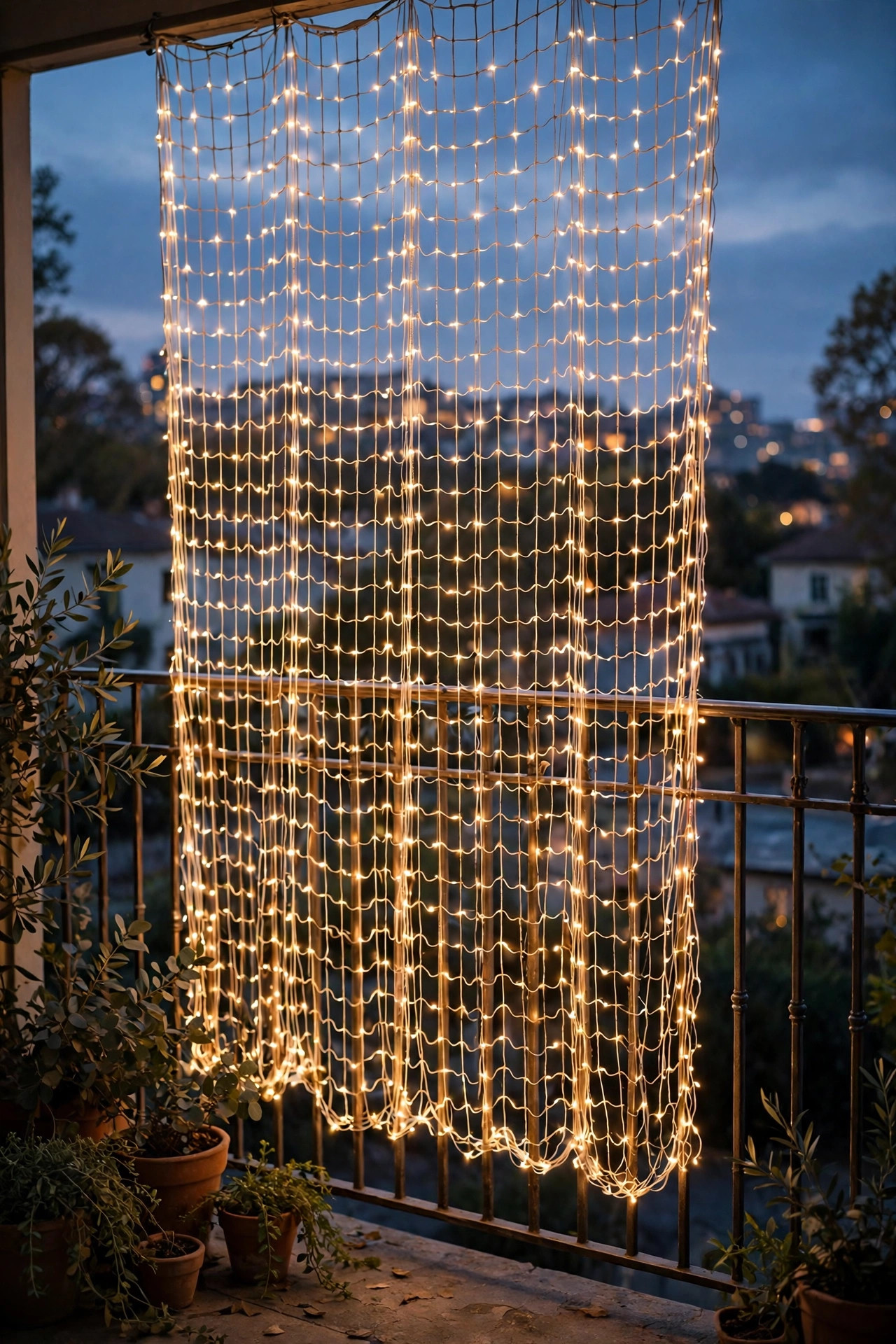 Warm white net lights draped evenly over a balcony railing forming a soft curtain of light at dusk