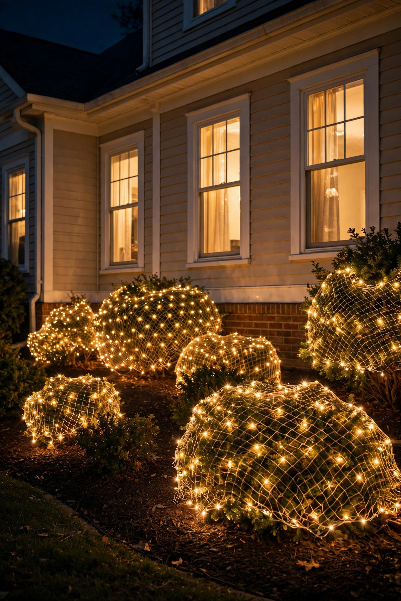 Shrubs draped in glowing net fairy lights along a house foundation at night