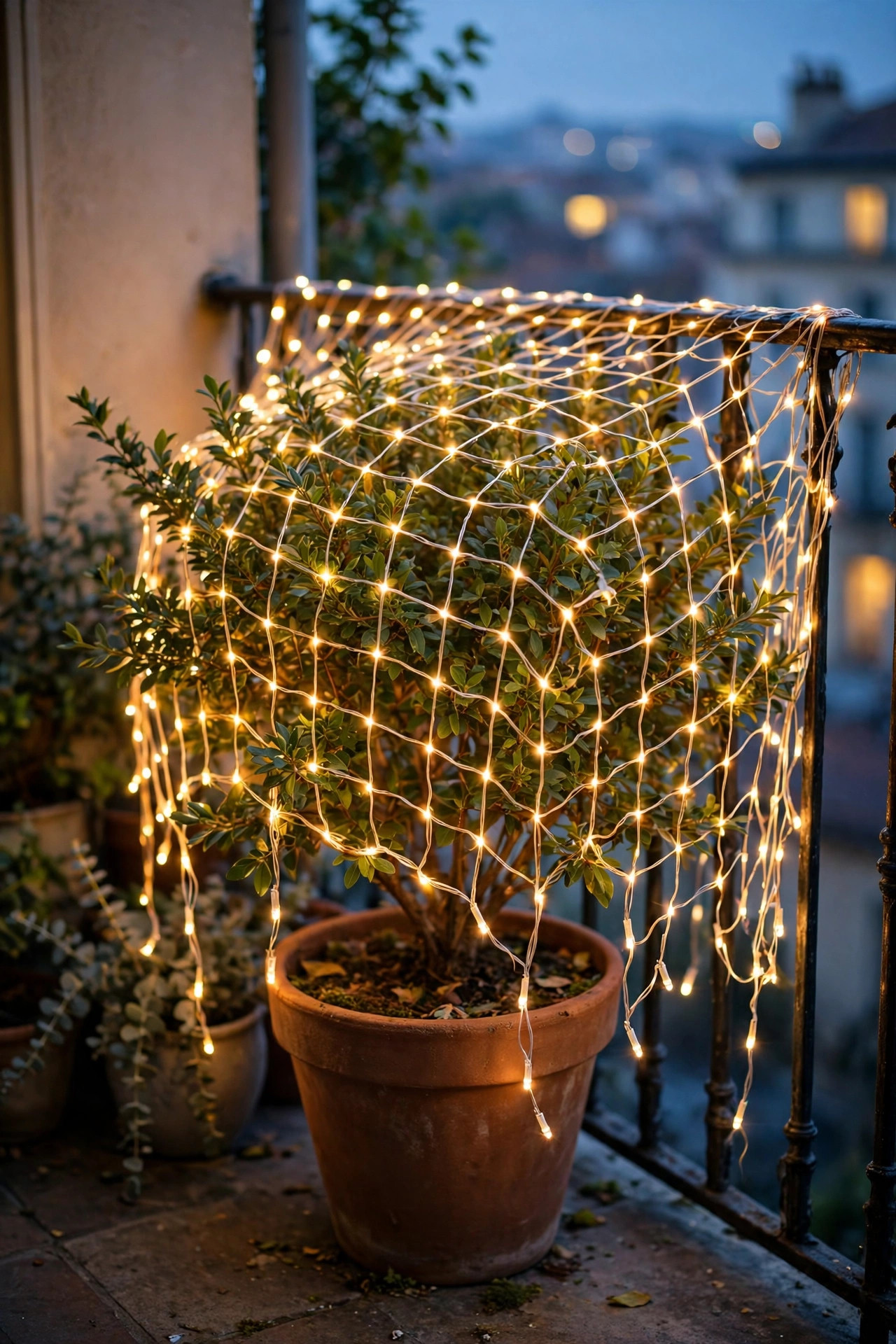 Net lights draped over a potted shrub on a balcony creating an even panel of warm sparkle