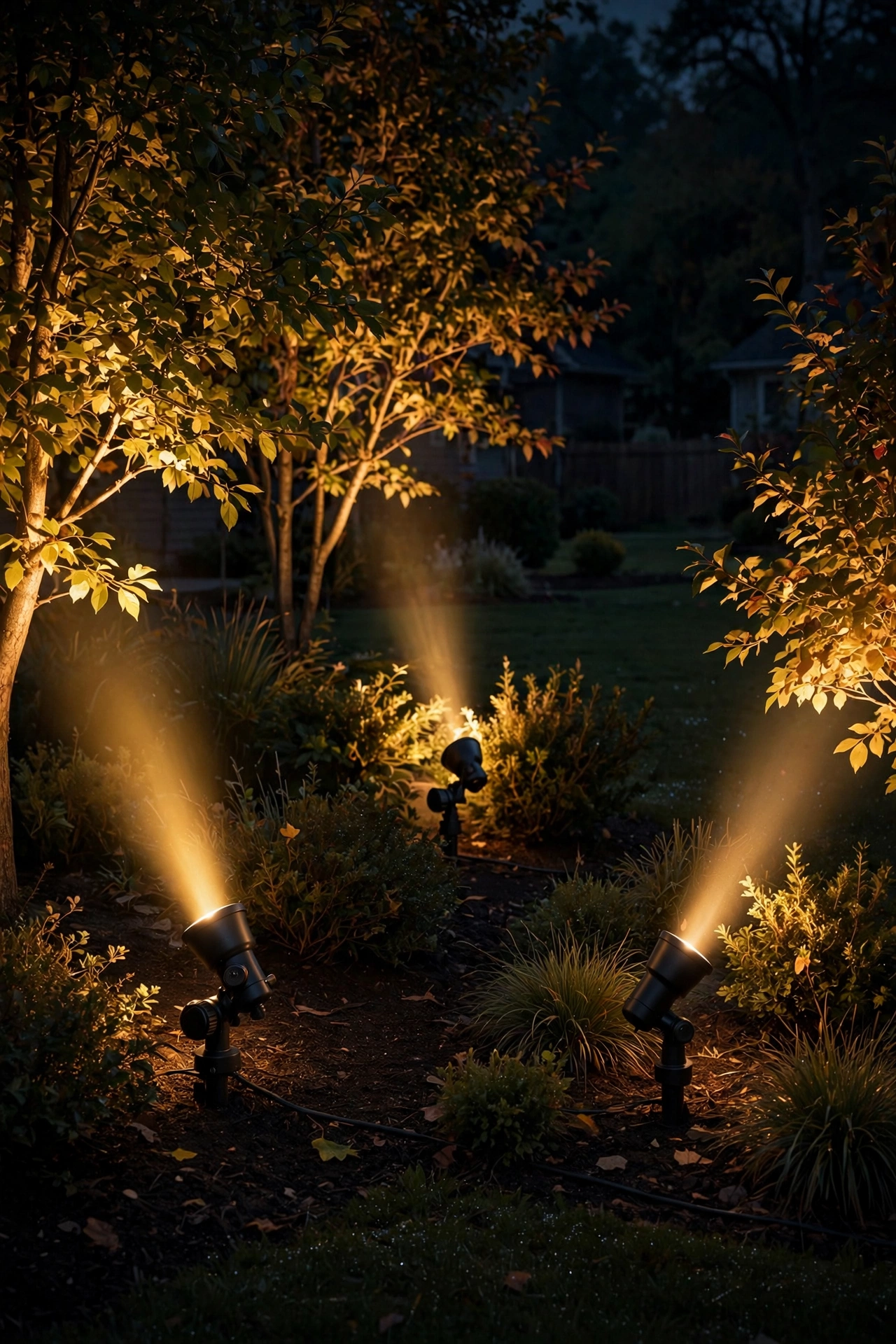 Homeowner doing a nighttime walkthrough to check landscape lighting aim and brightness