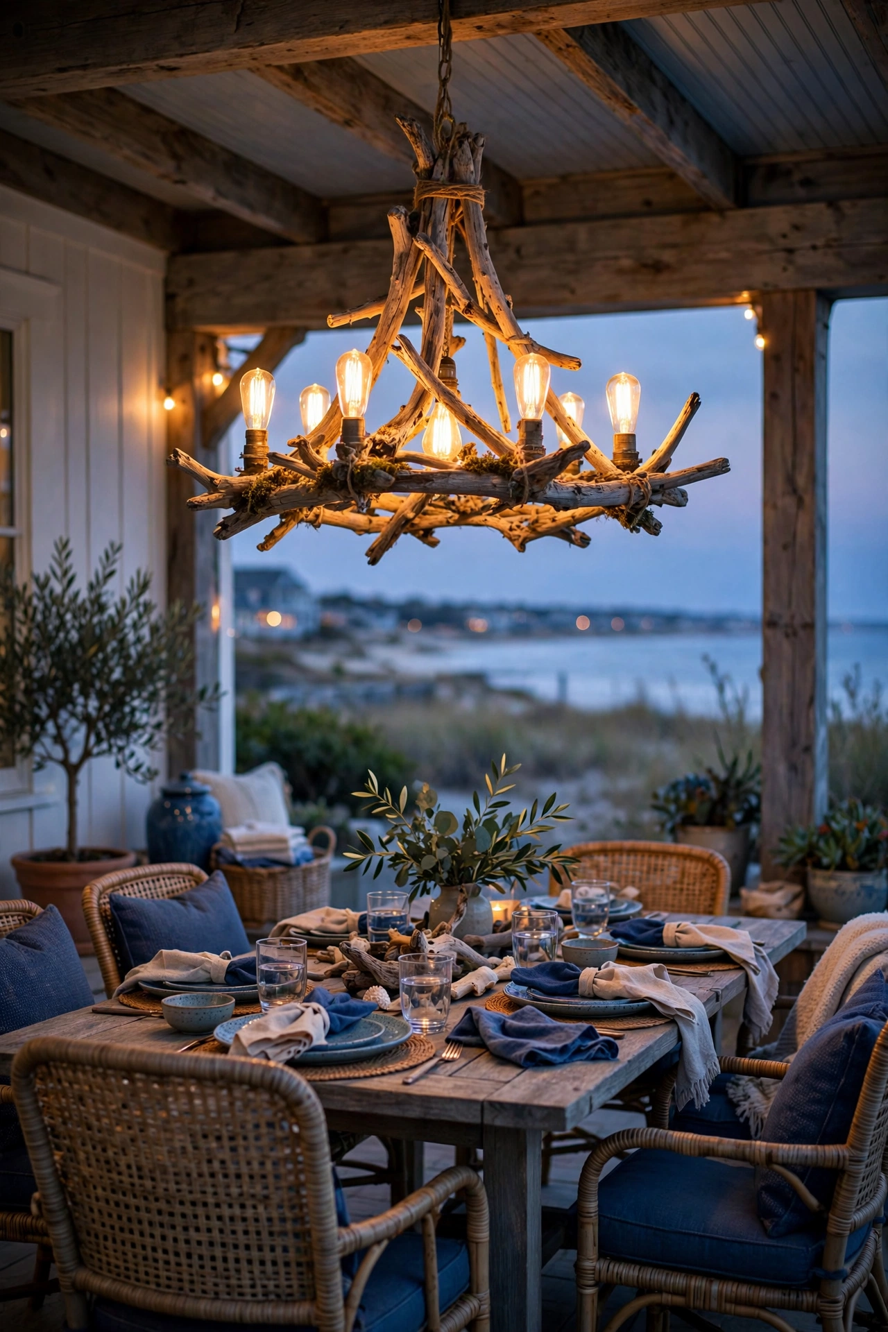 Driftwood outdoor chandelier glowing over a coastal patio dining table at dusk