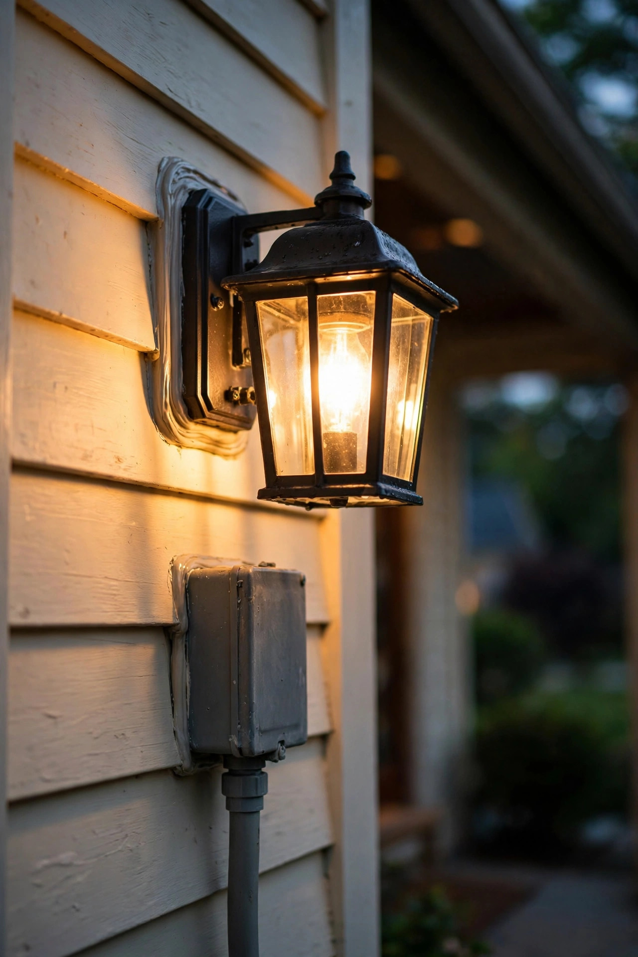 Weatherproof junction box and wet-rated sconce installation on exterior siding