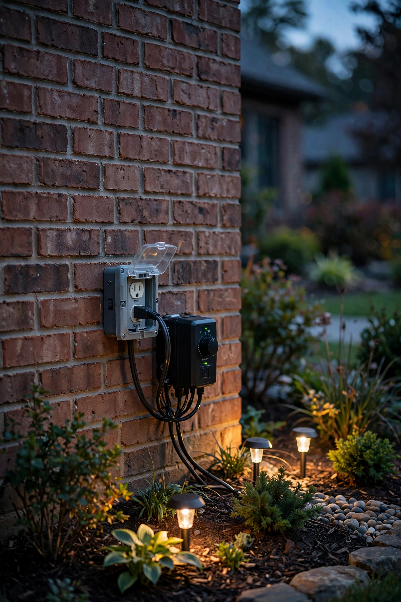 Outdoor GFCI outlet with a low-voltage transformer plugged in beside a garden bed at dusk