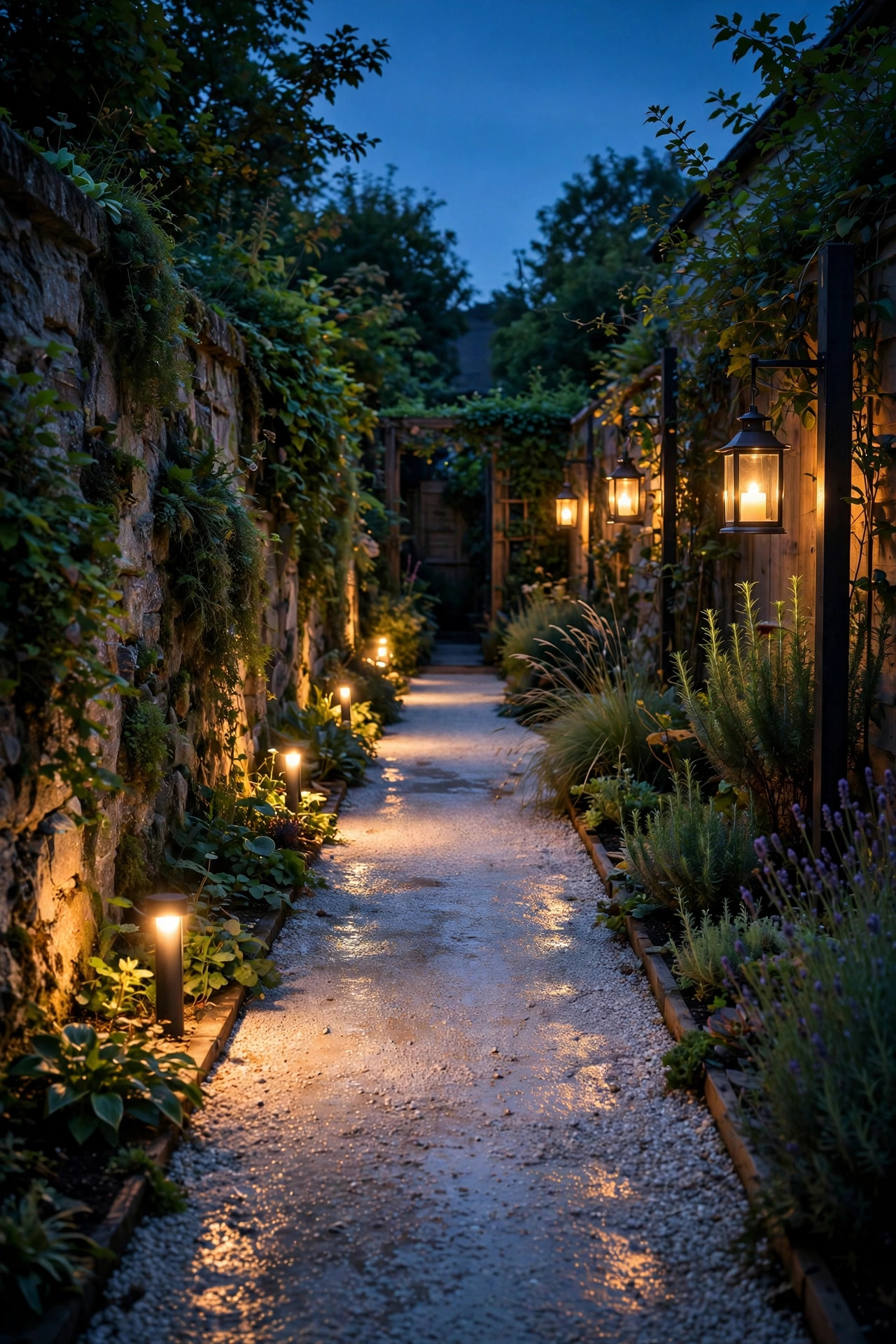Pale gravel path in a narrow side garden at dusk softly reflecting warm light from path lights and lanterns