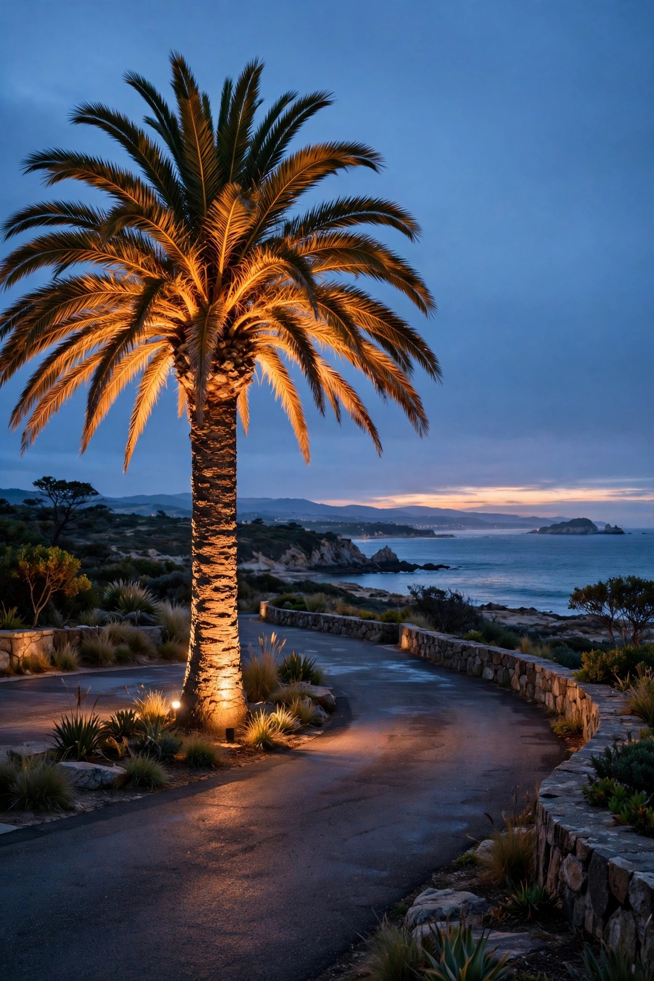 Palm tree uplighted from the base beside a coastal driveway at dusk, fronds glowing warm against the evening sky