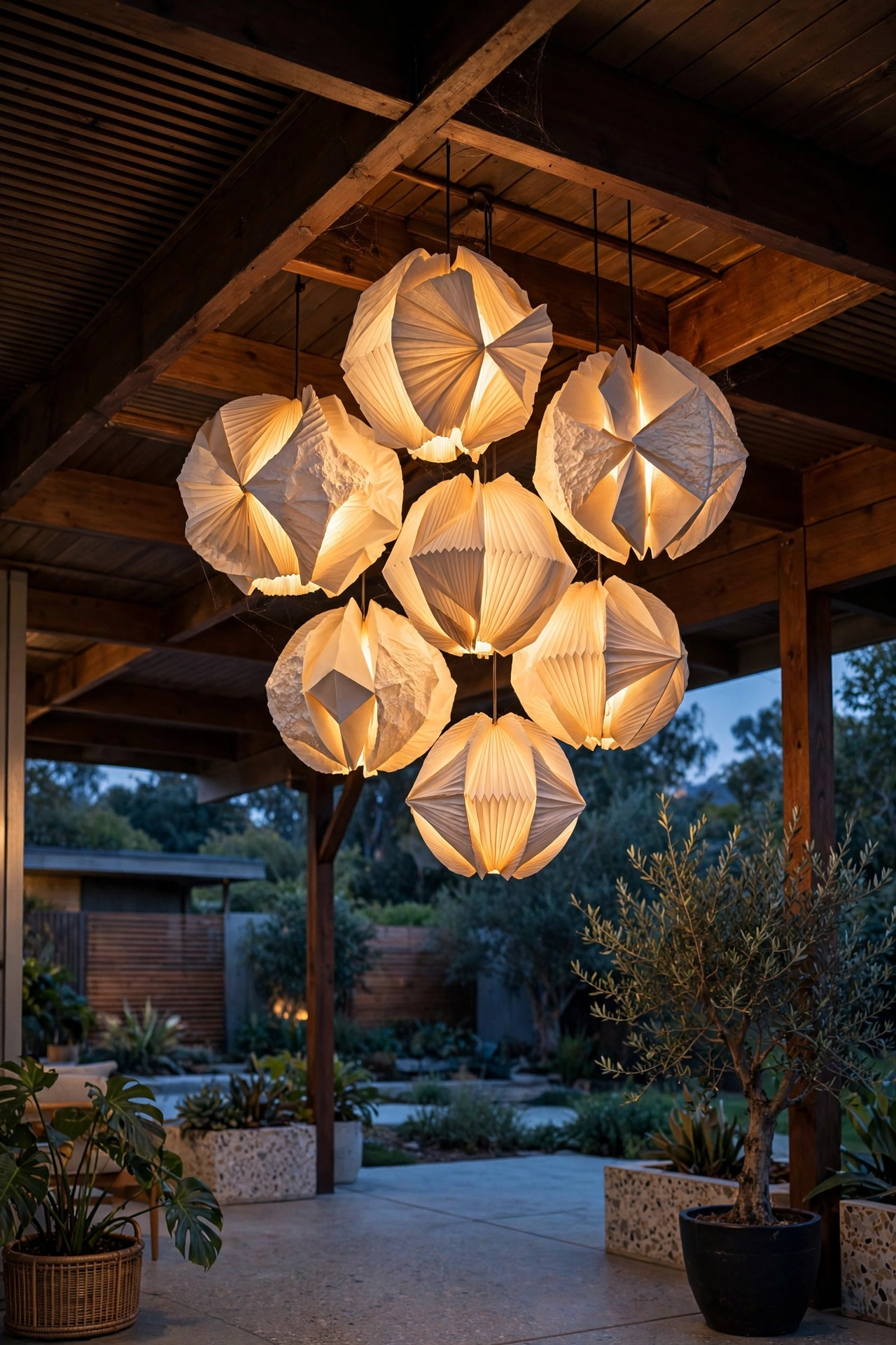Cluster of sculptural paper lantern pendants glowing softly under a covered mid century modern patio roof