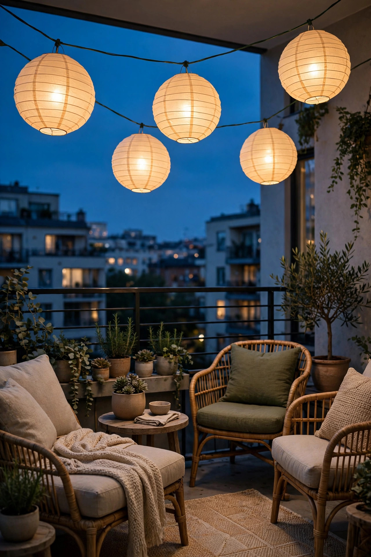 Nylon paper lanterns with battery bulbs glowing above an apartment balcony seating area at dusk