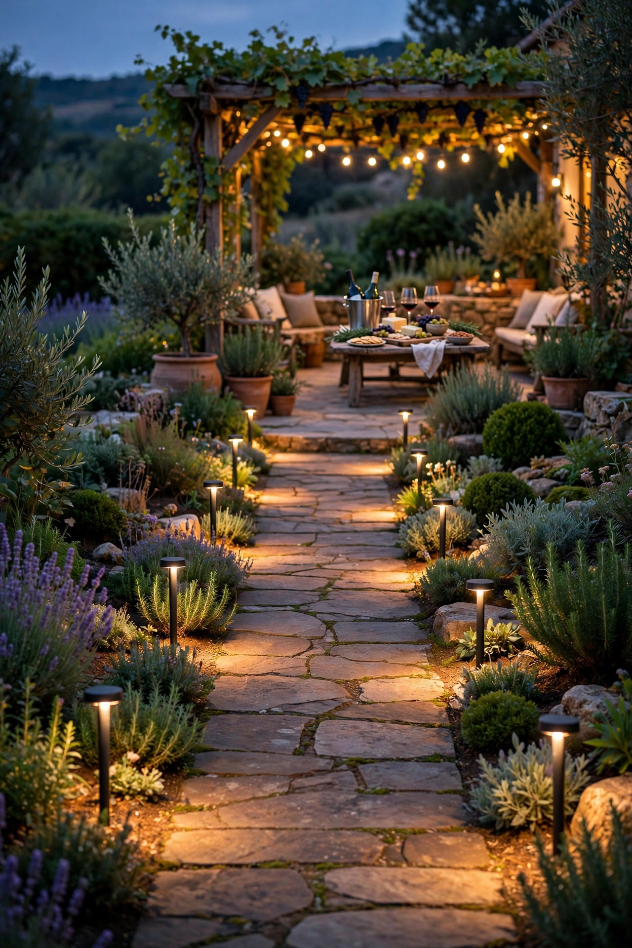 Low warm path lights lining a garden walkway leading to a patio wine tasting at dusk