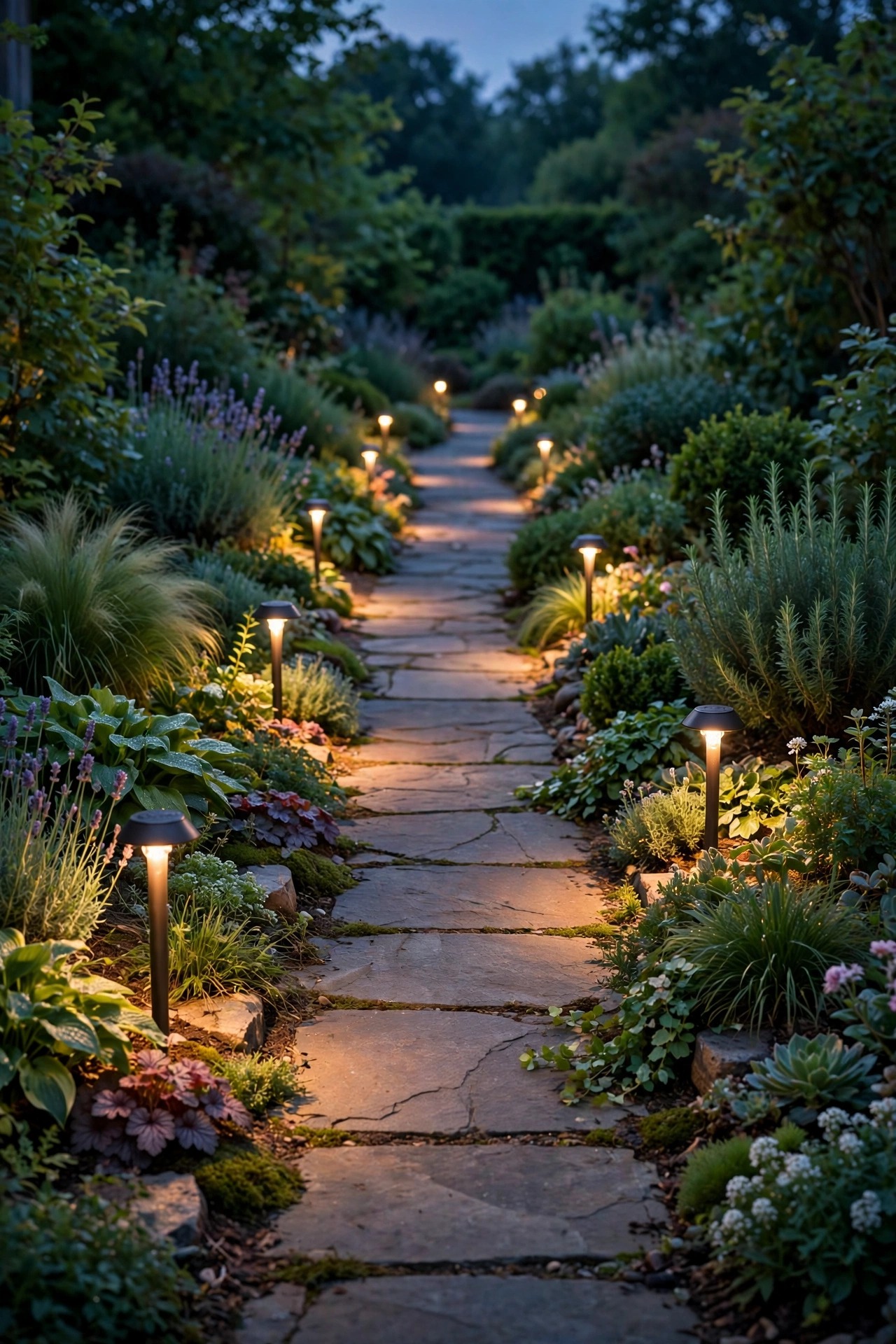 Low-voltage path lights glowing warmly along a garden walkway at dusk